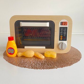 Детская Микроволновая печь  деревянная, подсветка, звуки, изменяющие цвет муляжи пищи  818-502 A фото